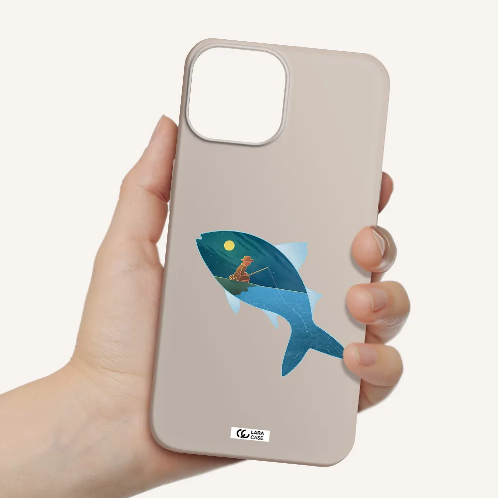 a fish with a man fishing Apple iPhone 13 Silicone Stone Case