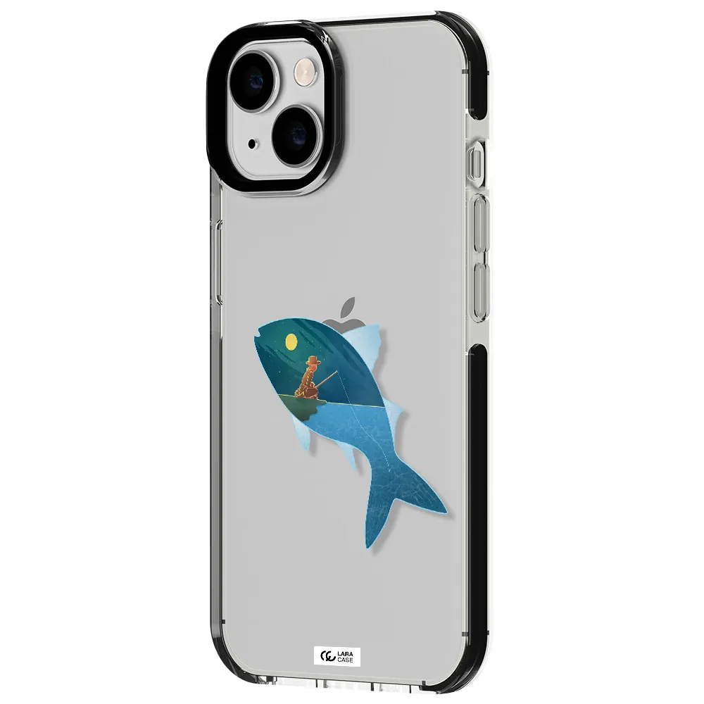 a fish with a man fishing Apple iPhone 14 impact black border Case