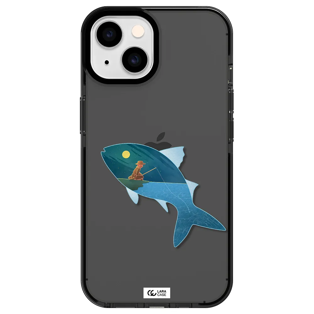 a fish with a man fishing Apple iPhone 14 impact Smoke Black Case