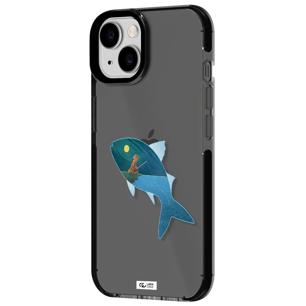 a fish with a man fishing Apple iPhone 14 impact Smoke Black Case
