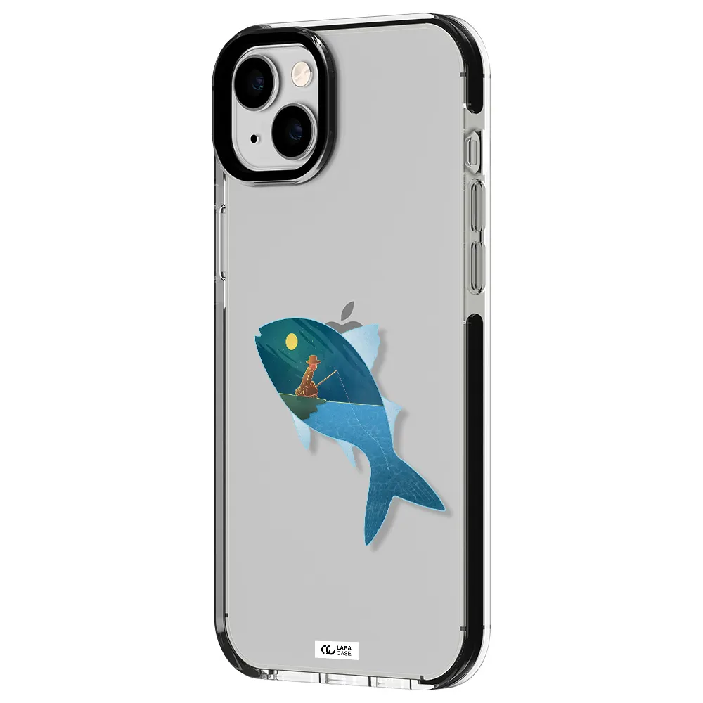 a fish with a man fishing Apple iPhone 14 plus impact black border Case