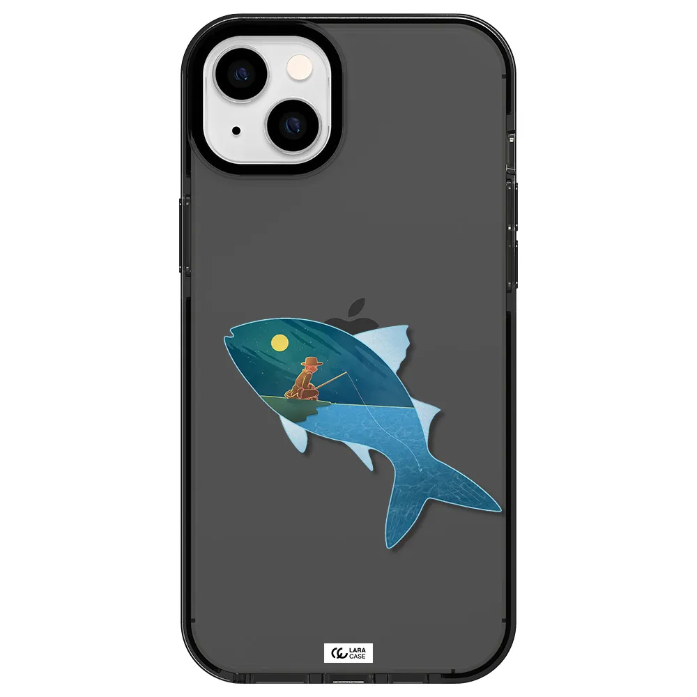 a fish with a man fishing Apple iPhone 14 plus impact Smoke Black Case
