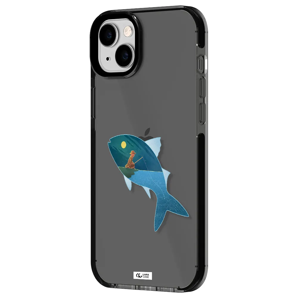 a fish with a man fishing Apple iPhone 14 plus impact Smoke Black Case