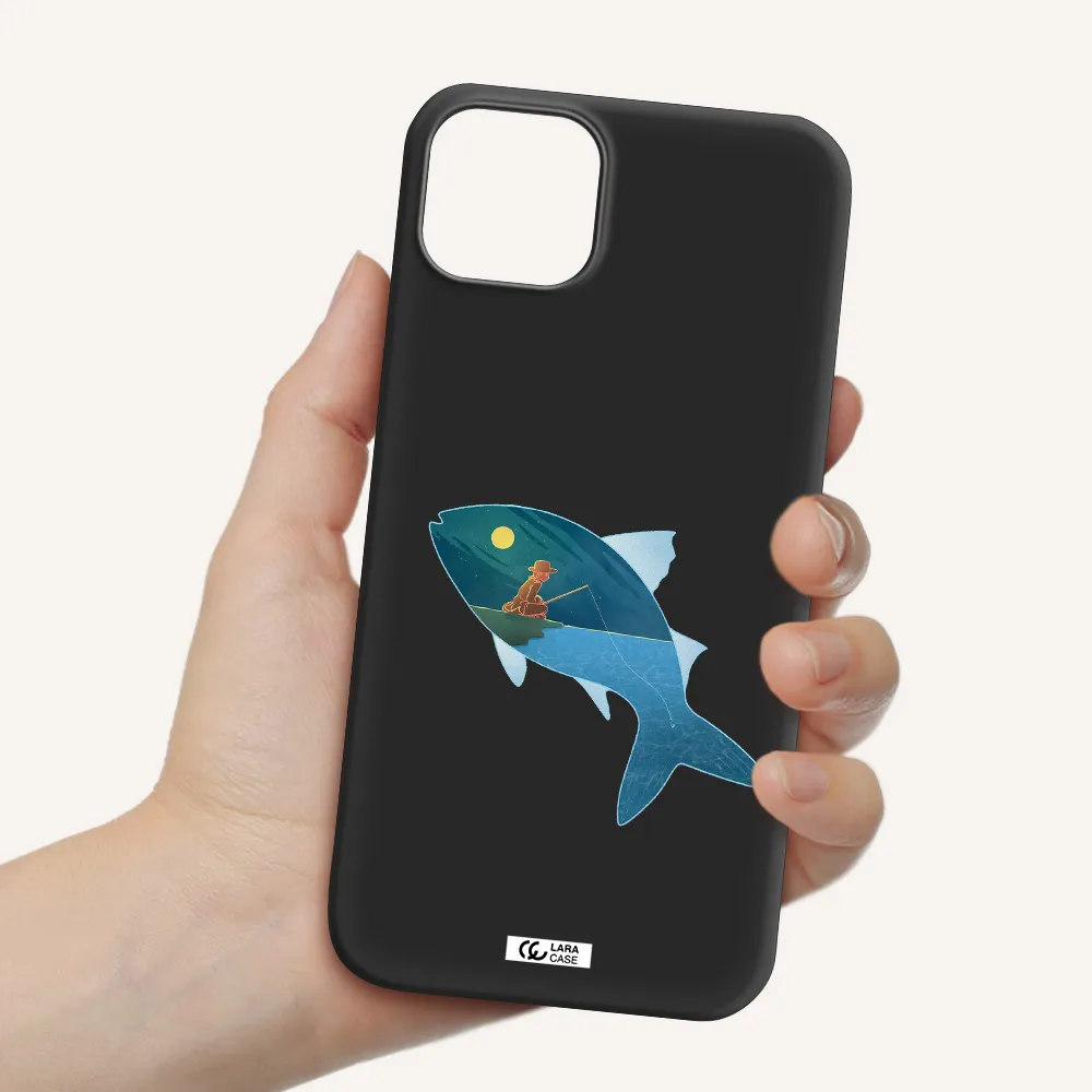 a fish with a man fishing Apple iPhone 14 plus Silicone black Case
