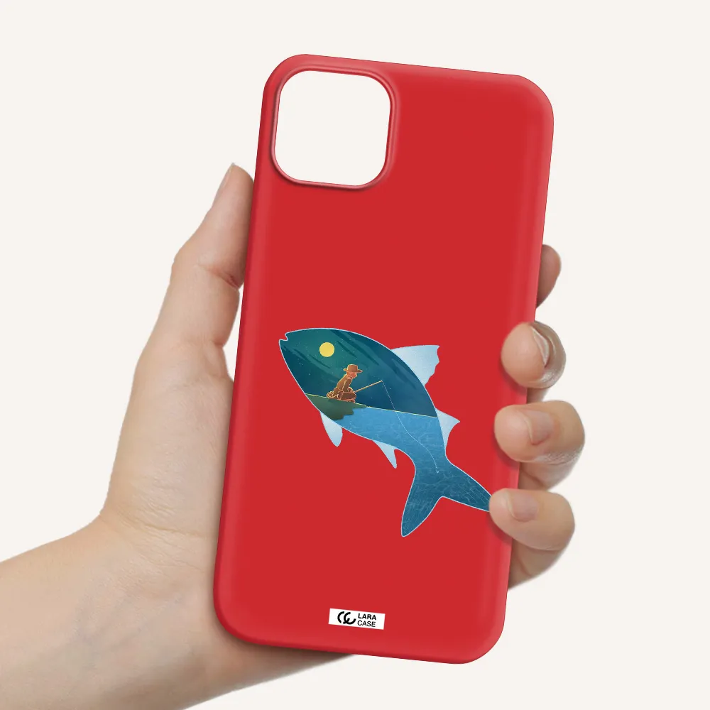 a fish with a man fishing Apple iPhone 14 plus Silicone Imperial Red Case