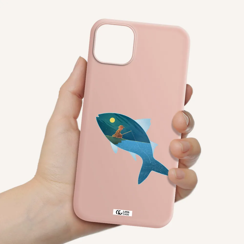 a fish with a man fishing Apple iPhone 14 plus Silicone pastel pink Case