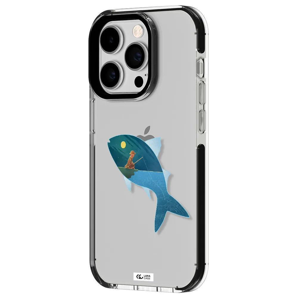 a fish with a man fishing Apple iPhone 14 pro impact black border Case