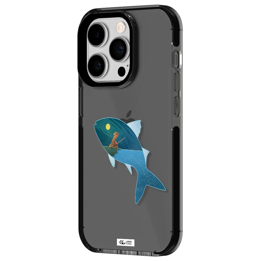 a fish with a man fishing Apple iPhone 14 pro impact Smoke Black Case