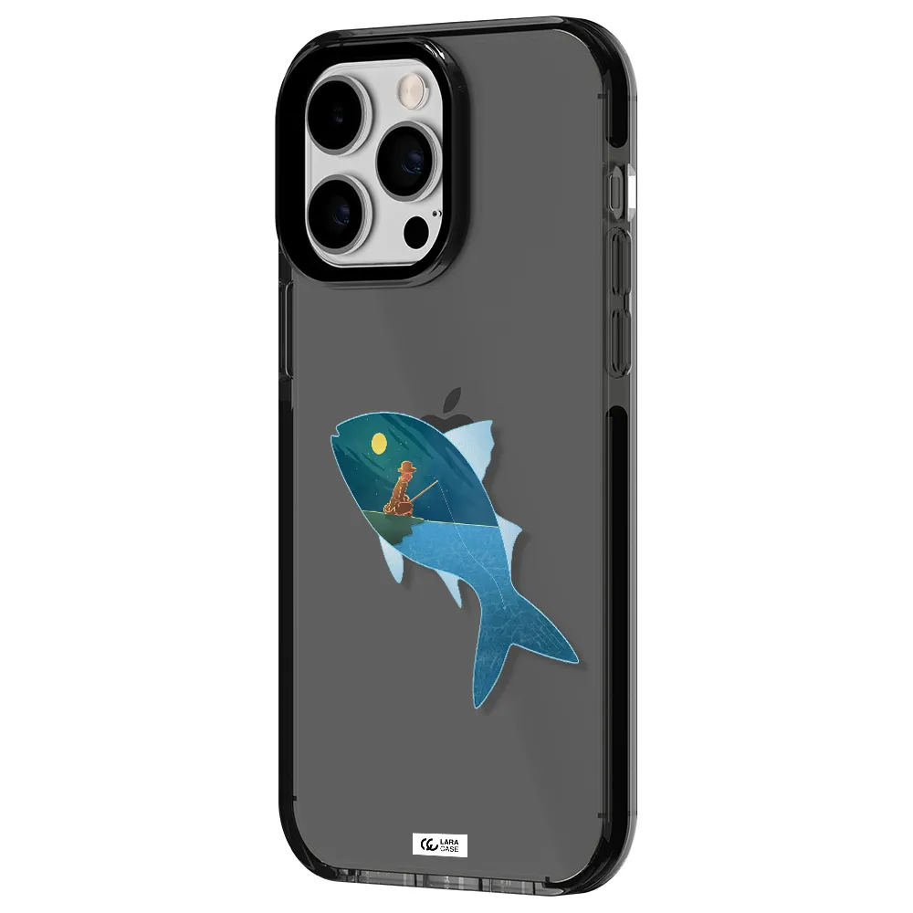 a fish with a man fishing Apple iPhone 14 pro max impact Smoke Black Case