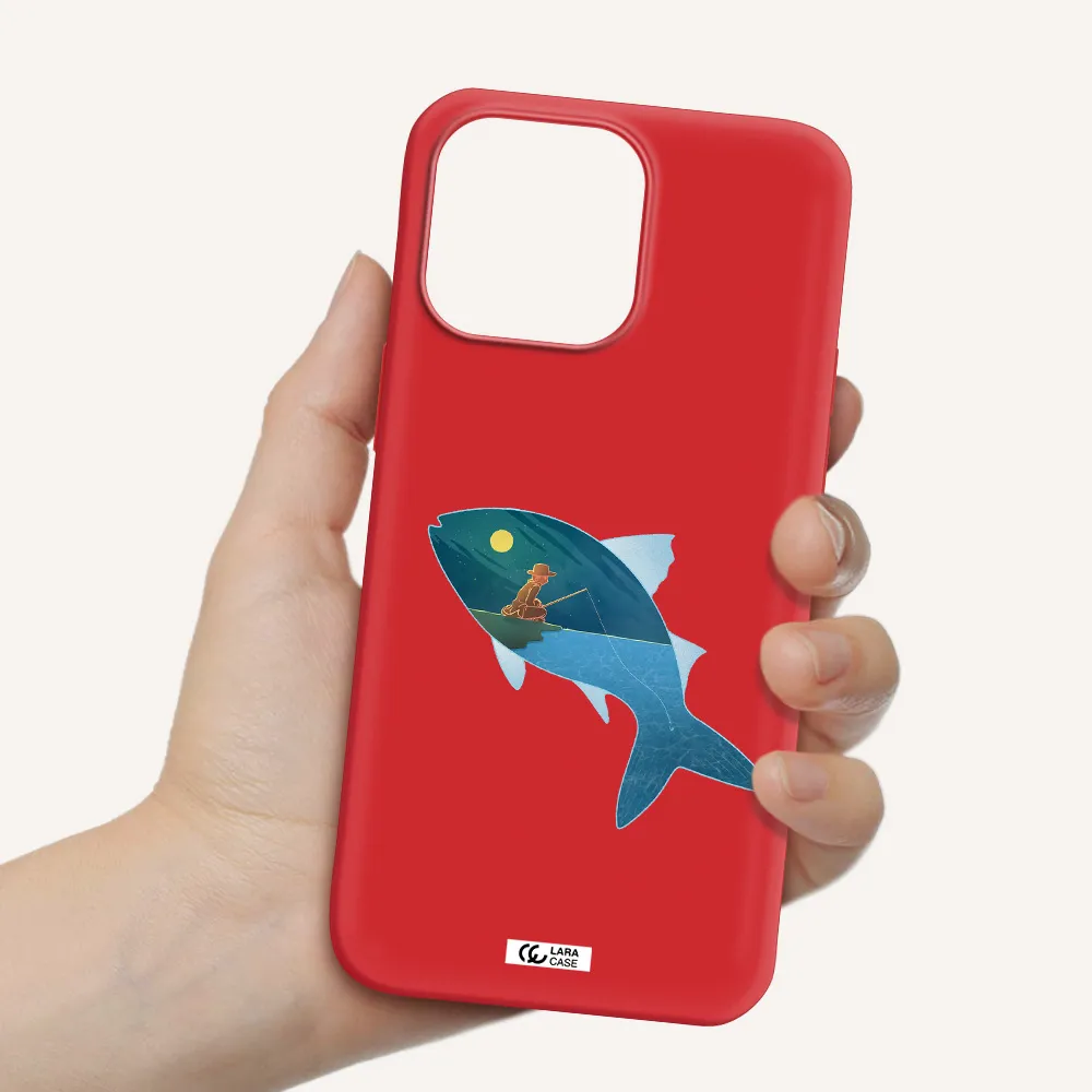 a fish with a man fishing Apple iPhone 14 pro max Silicone Imperial Red Case
