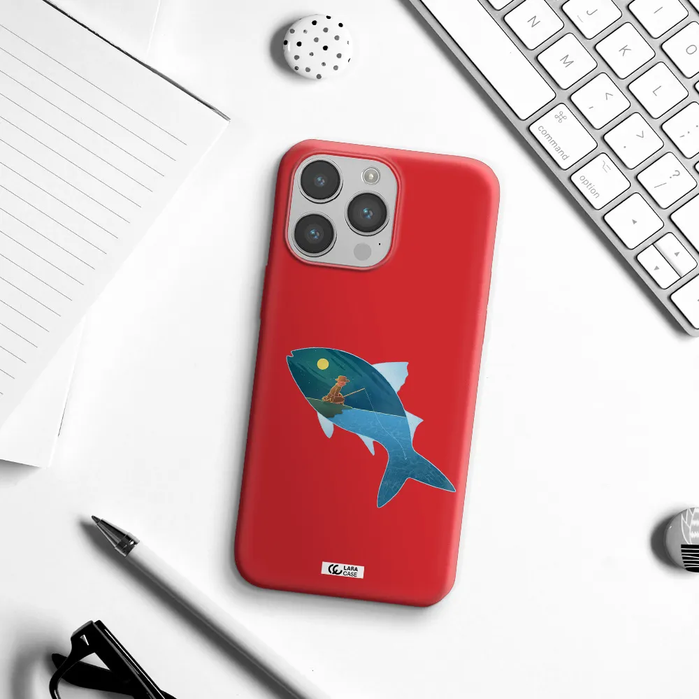 a fish with a man fishing Apple iPhone 14 pro max Silicone Imperial Red Case