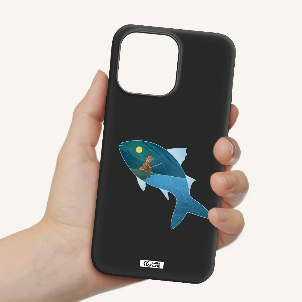 a fish with a man fishing Apple iPhone 14 pro Silicone black Case