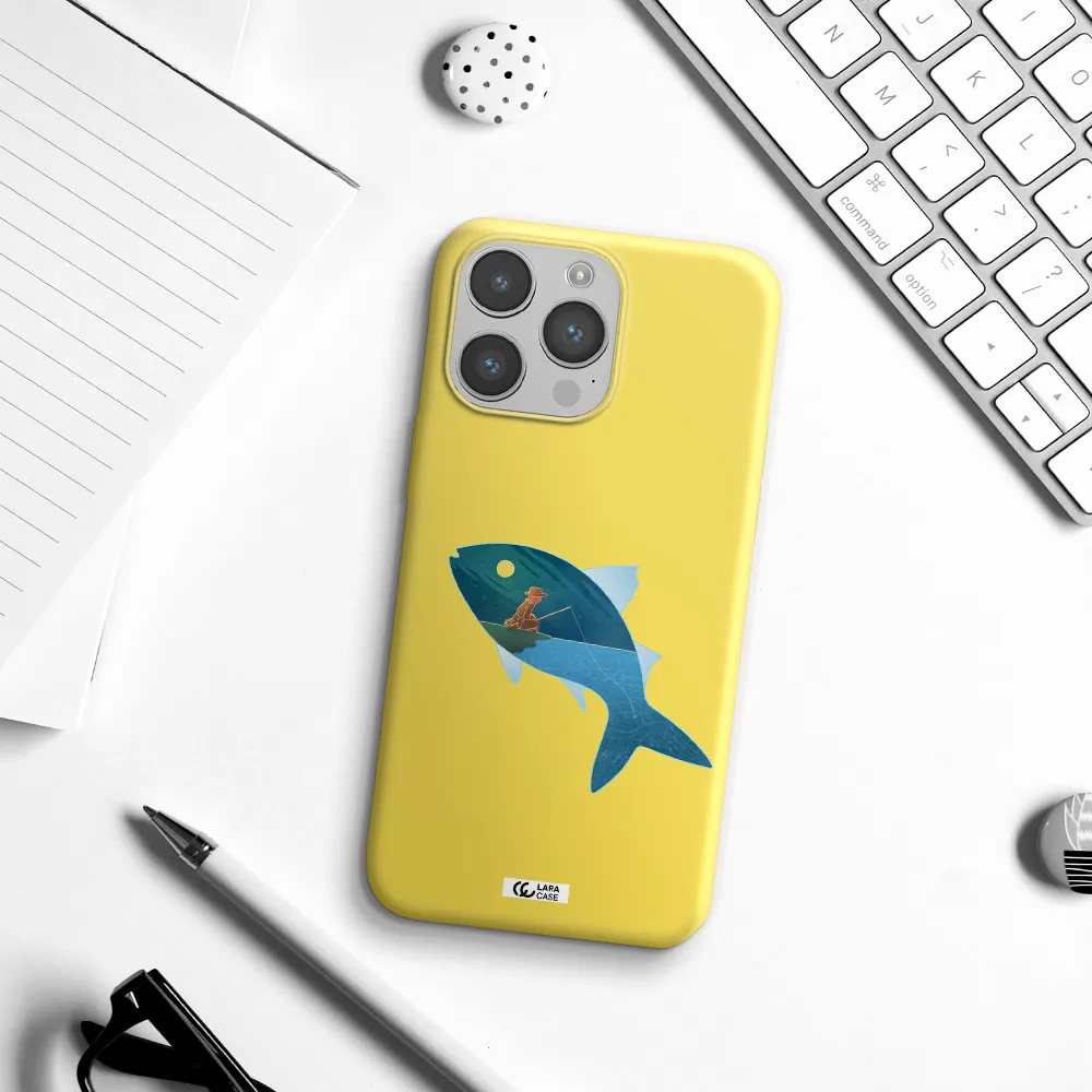 a fish with a man fishing Apple iPhone 14 pro Silicone canary yellow Case