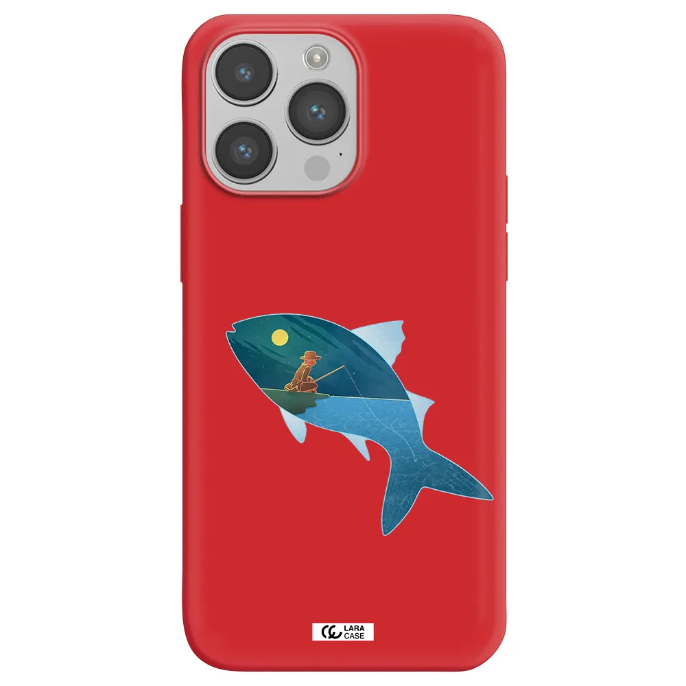 a fish with a man fishing Apple iPhone 14 pro Silicone Imperial Red Case
