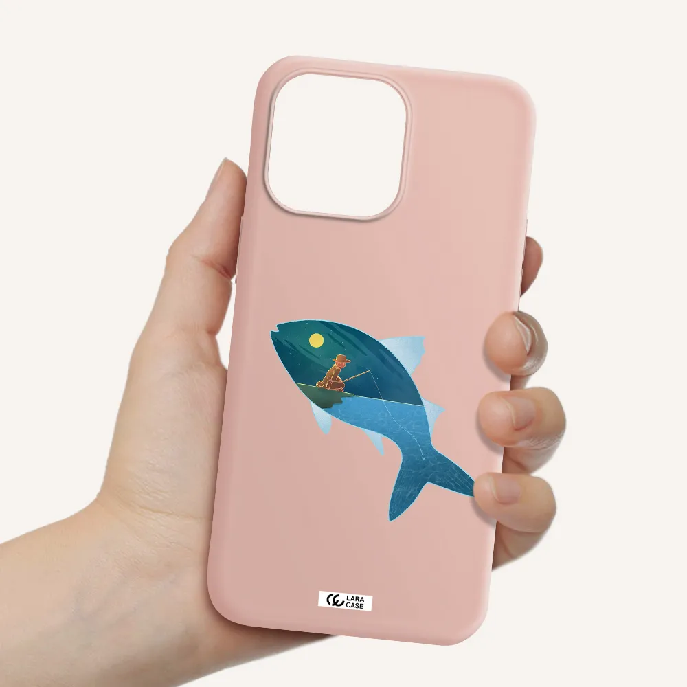 a fish with a man fishing Apple iPhone 14 pro Silicone pastel pink Case