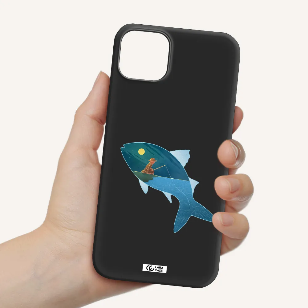 a fish with a man fishing Apple iPhone 14 Silicone black Case
