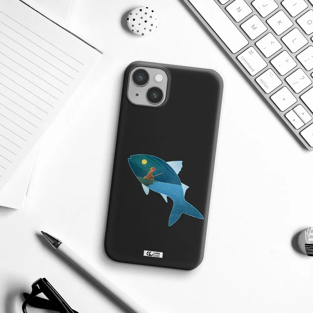 a fish with a man fishing Apple iPhone 14 Silicone black Case