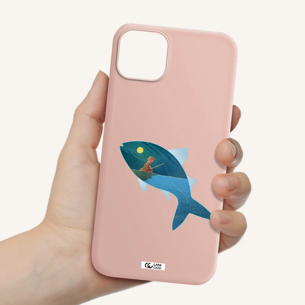 a fish with a man fishing Apple iPhone 14 Silicone pastel pink Case
