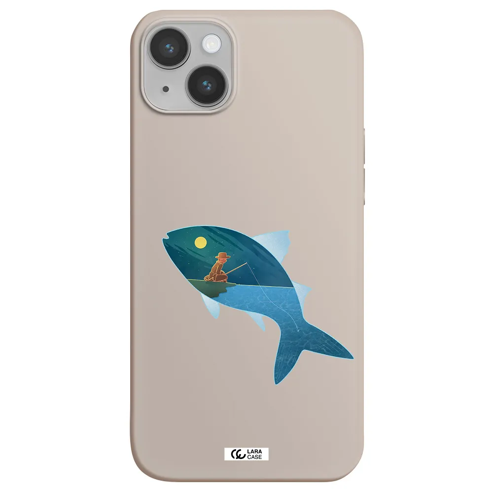 a fish with a man fishing Apple iPhone 14 Silicone Stone Case