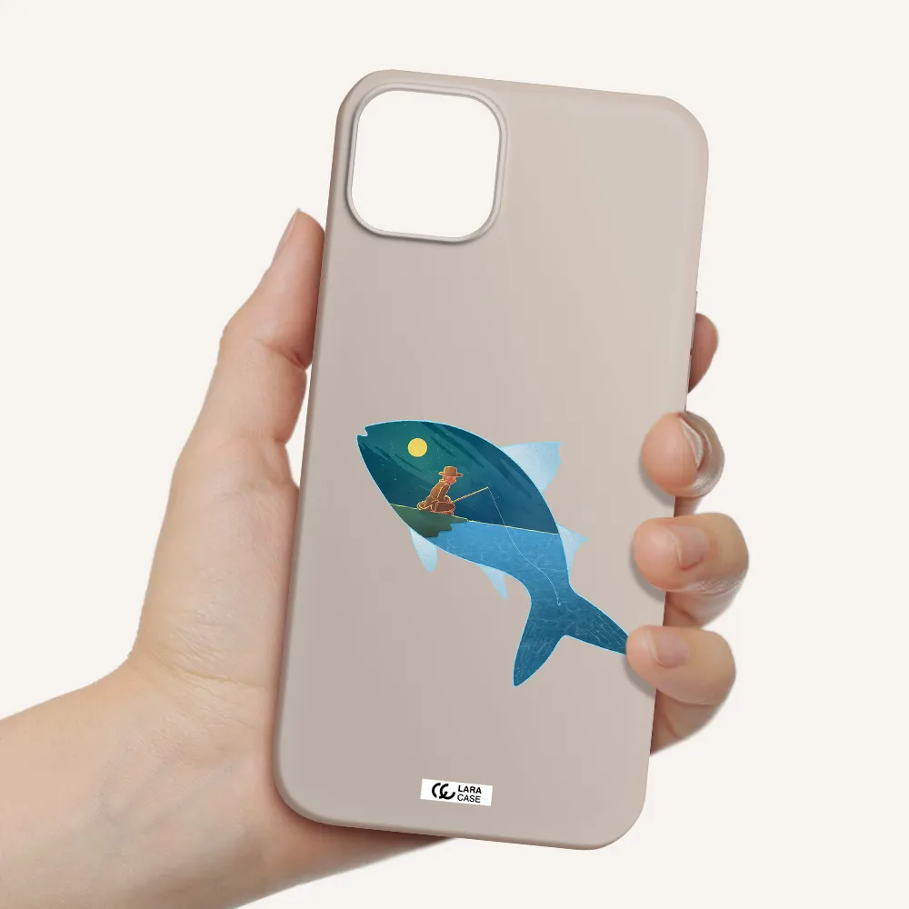 a fish with a man fishing Apple iPhone 14 Silicone Stone Case