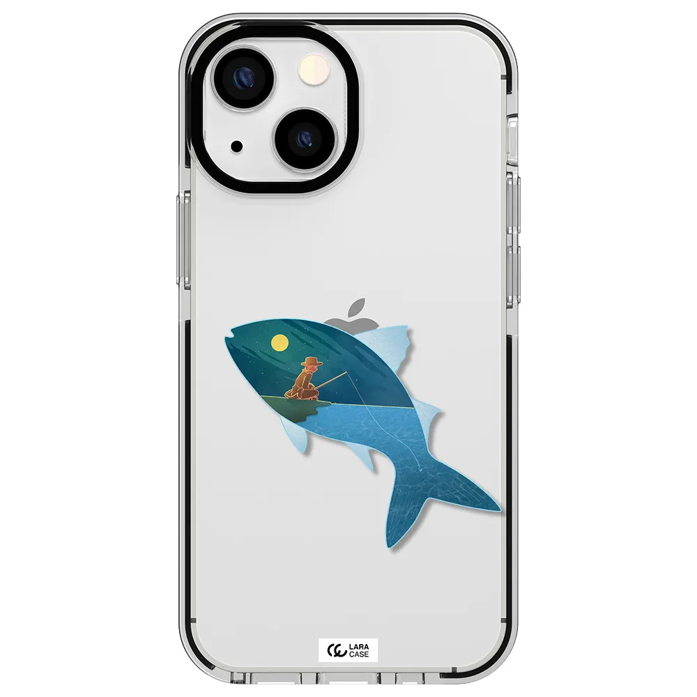 a fish with a man fishing Apple iPhone 15 impact black border Case