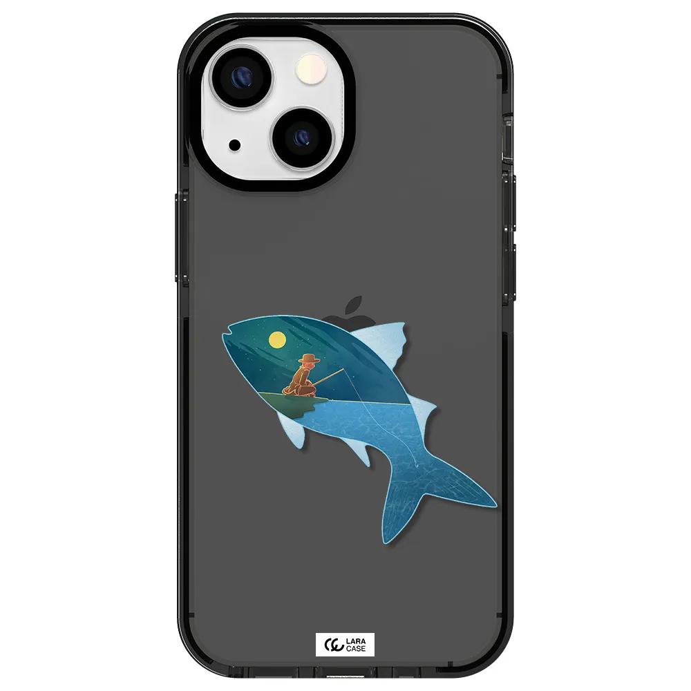 a fish with a man fishing Apple iPhone 15 impact Smoke Black Case