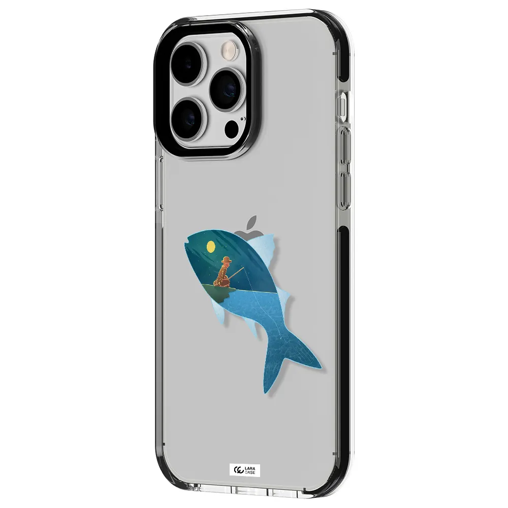 a fish with a man fishing Apple iPhone 15 Pro impact black border Case