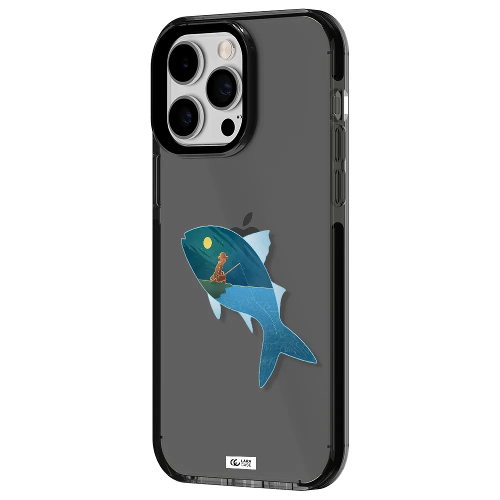a fish with a man fishing Apple iPhone 15 Pro Max impact Smoke Black Case