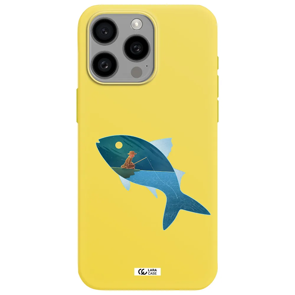 a fish with a man fishing Apple Iphone 15 Pro max Silicone canary yellow Case