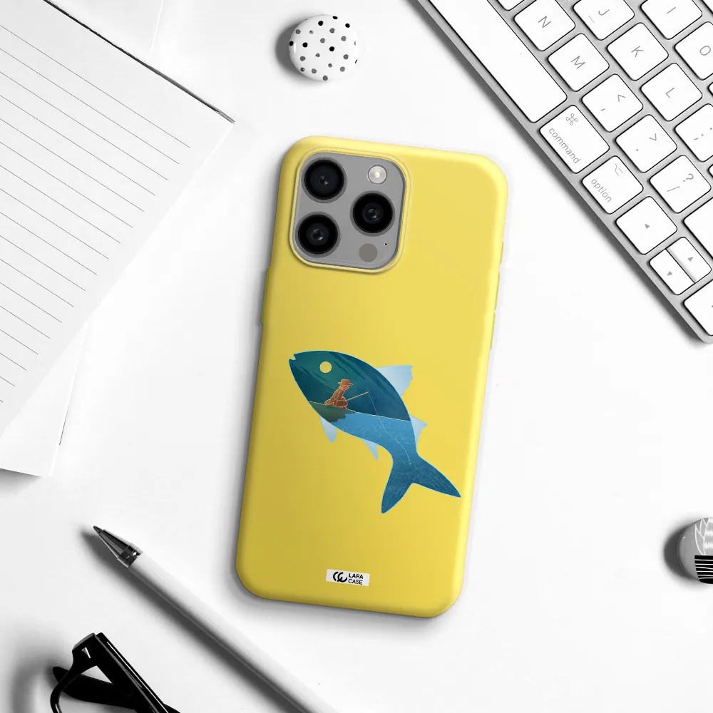 a fish with a man fishing Apple Iphone 15 Pro max Silicone canary yellow Case