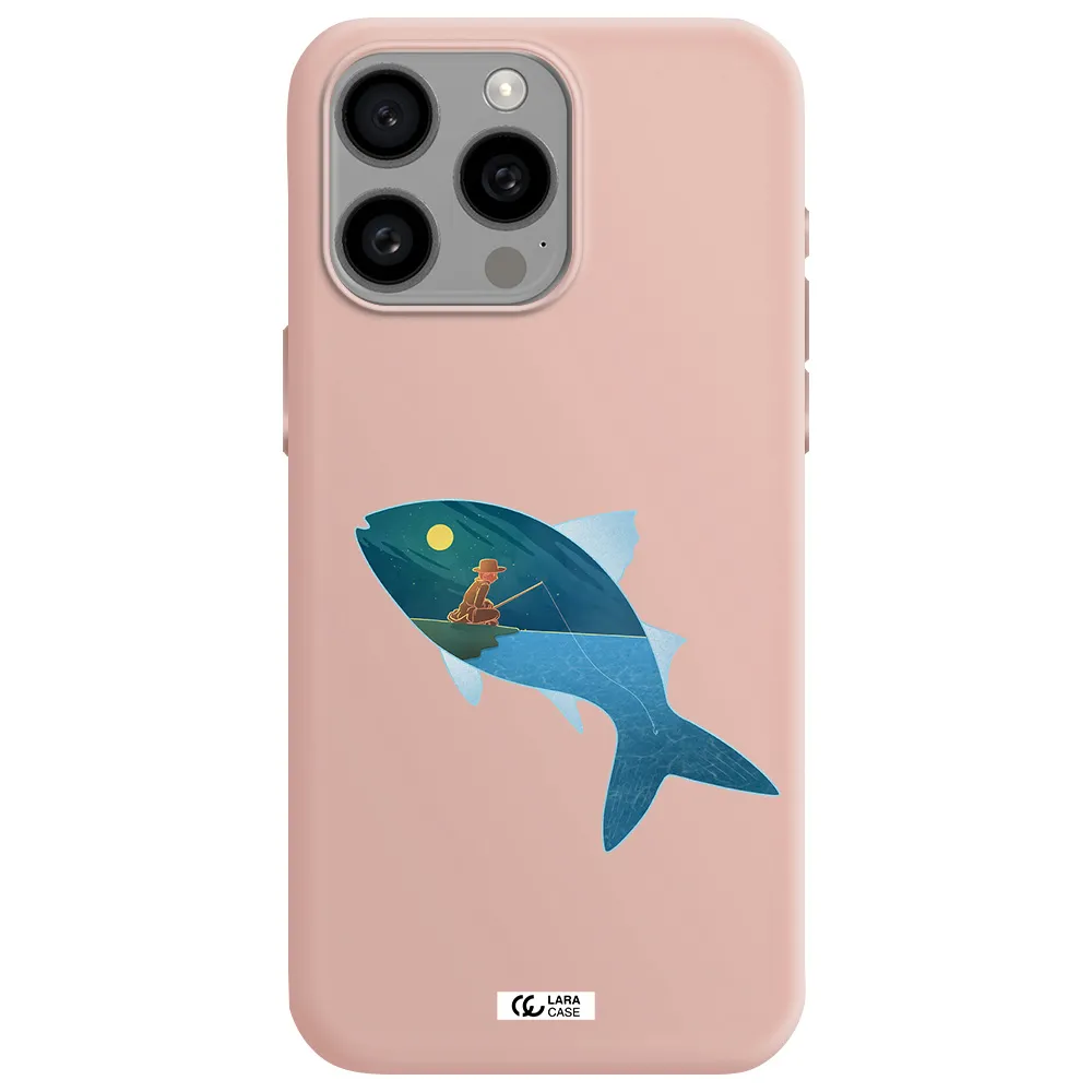 a fish with a man fishing Apple Iphone 15 Pro max Silicone pastel pink Case