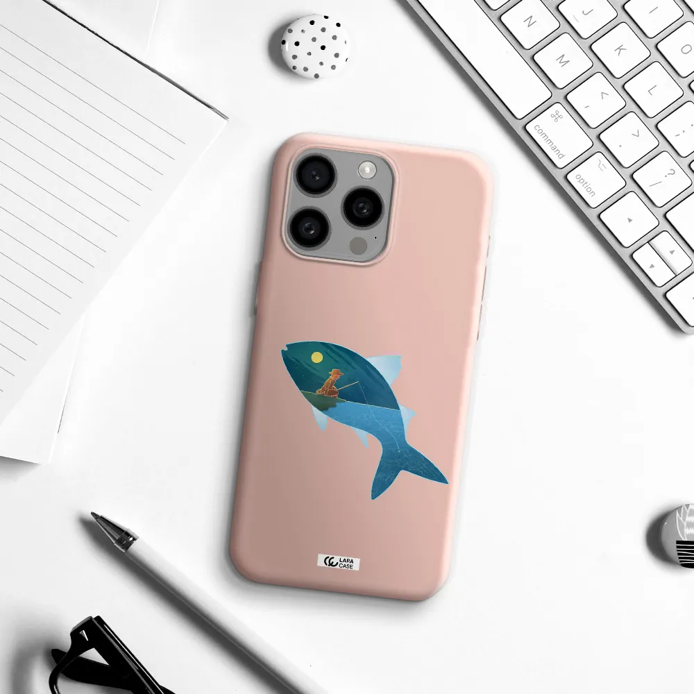 a fish with a man fishing Apple Iphone 15 Pro max Silicone pastel pink Case