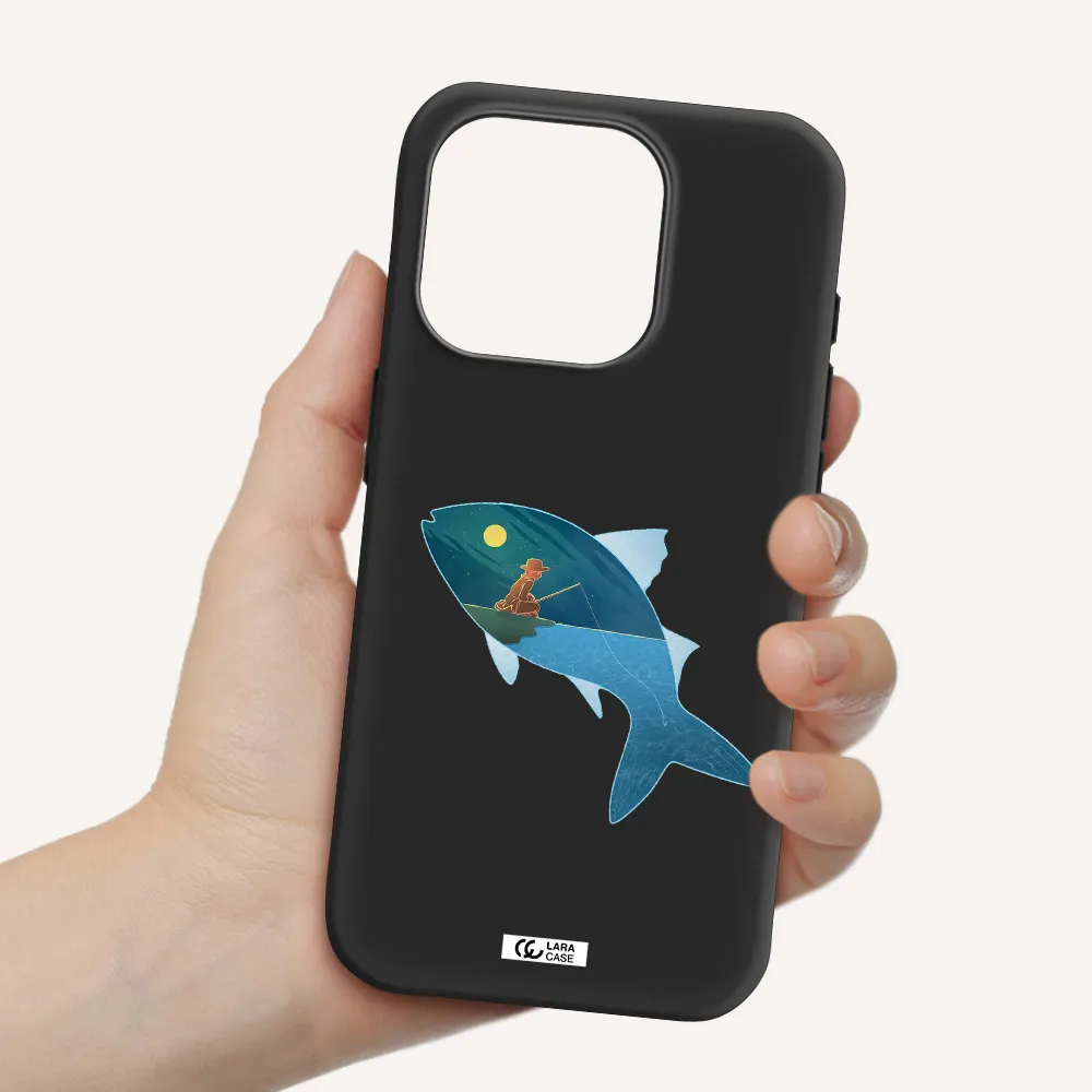 A Fish With A Man Fishing Apple Iphone 15 Pro Silicone Black Case