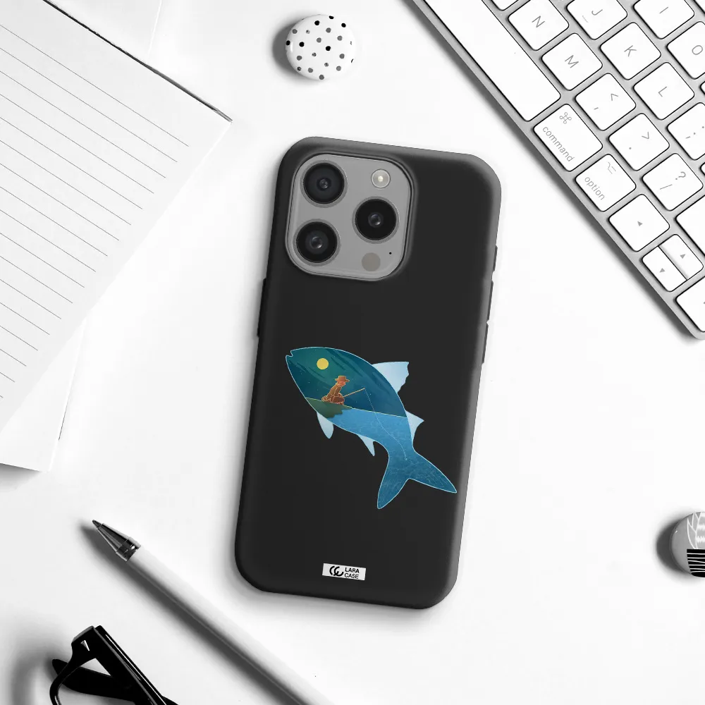 A Fish With A Man Fishing Apple Iphone 15 Pro Silicone Black Case