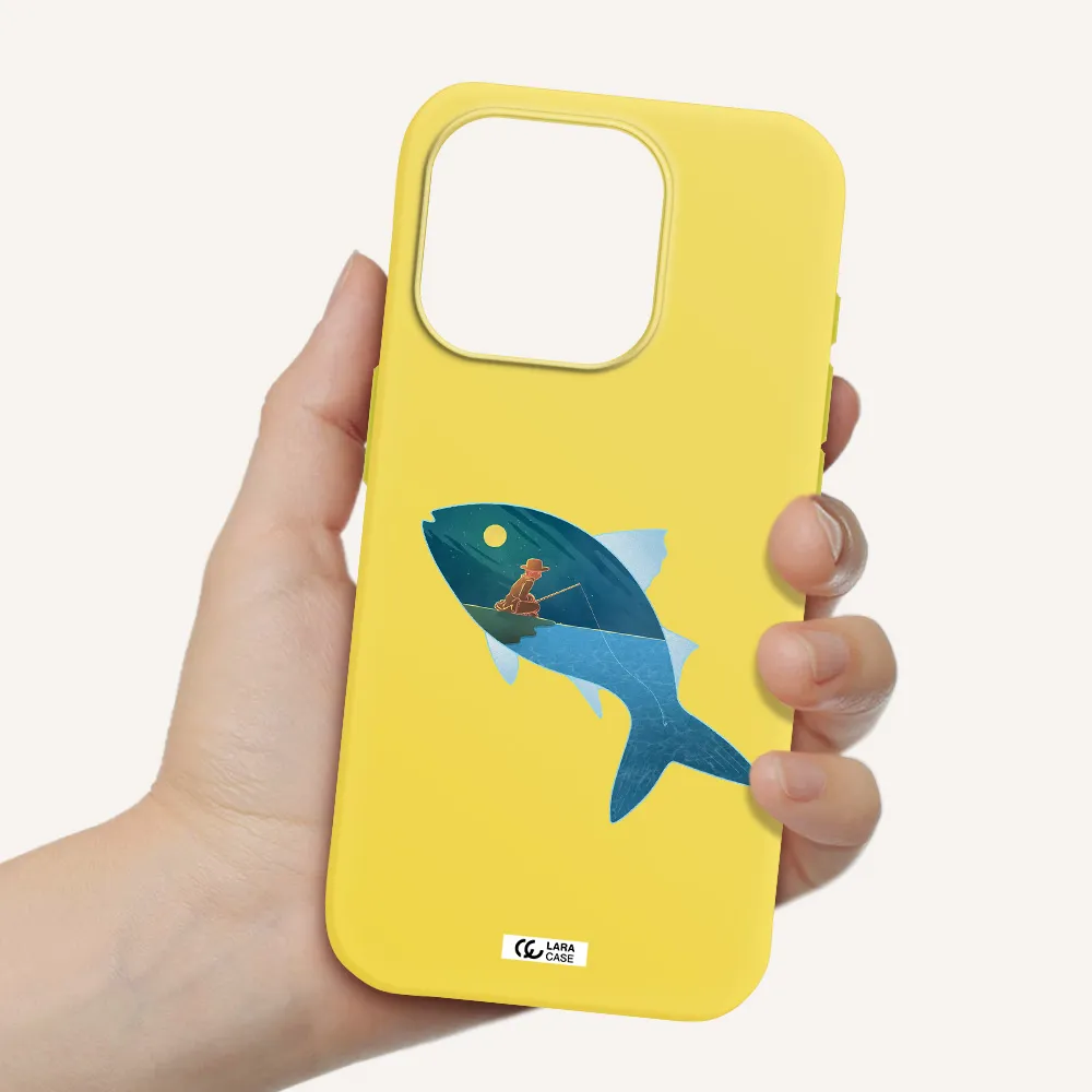 A Fish With A Man Fishing Apple Iphone 15 Pro Silicone Canary Yellow Case