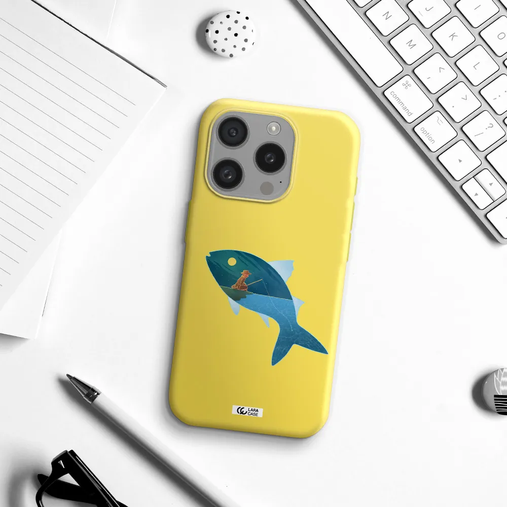 A Fish With A Man Fishing Apple Iphone 15 Pro Silicone Canary Yellow Case