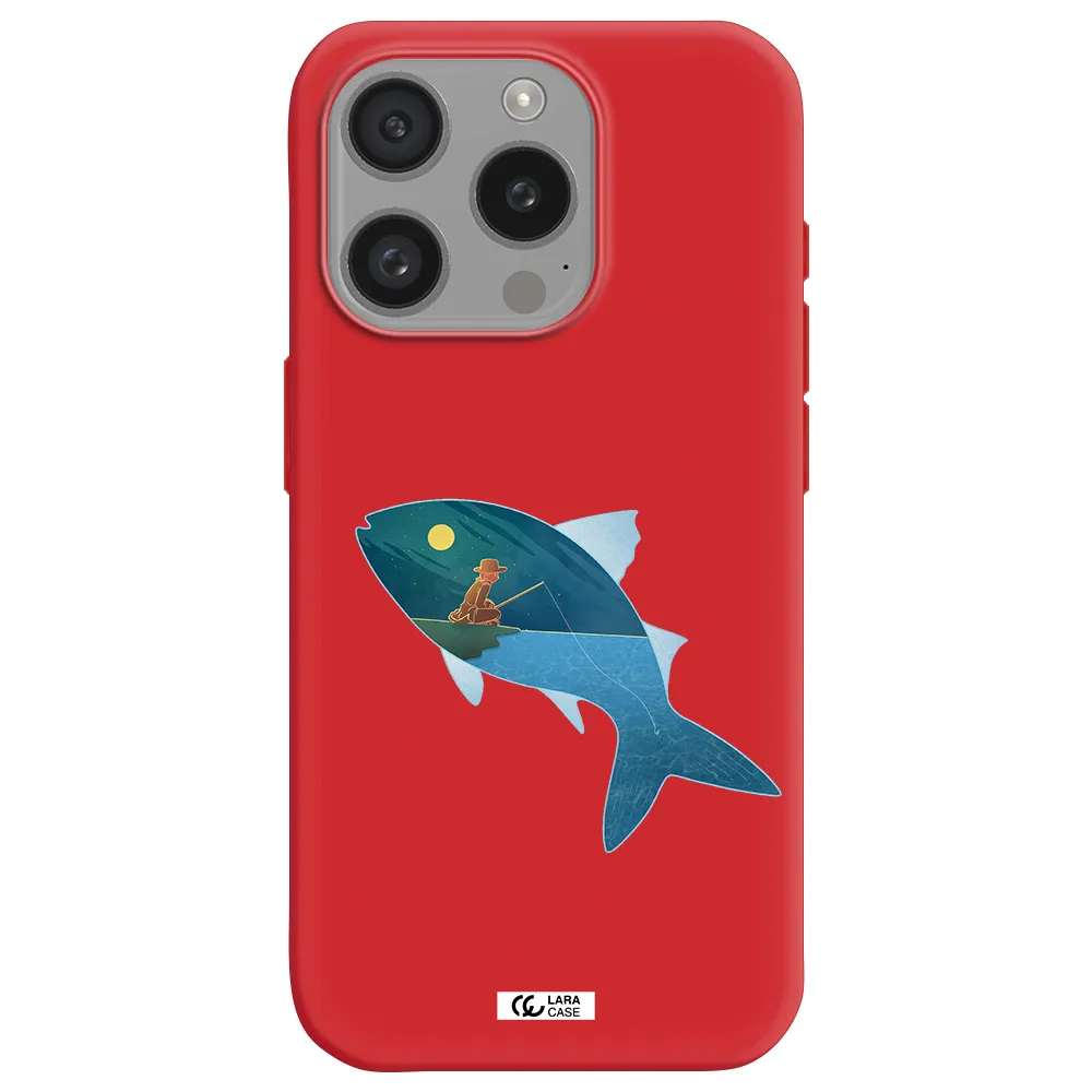 A Fish With A Man Fishing Apple Iphone 15 Pro Silicone Imperial Red Case
