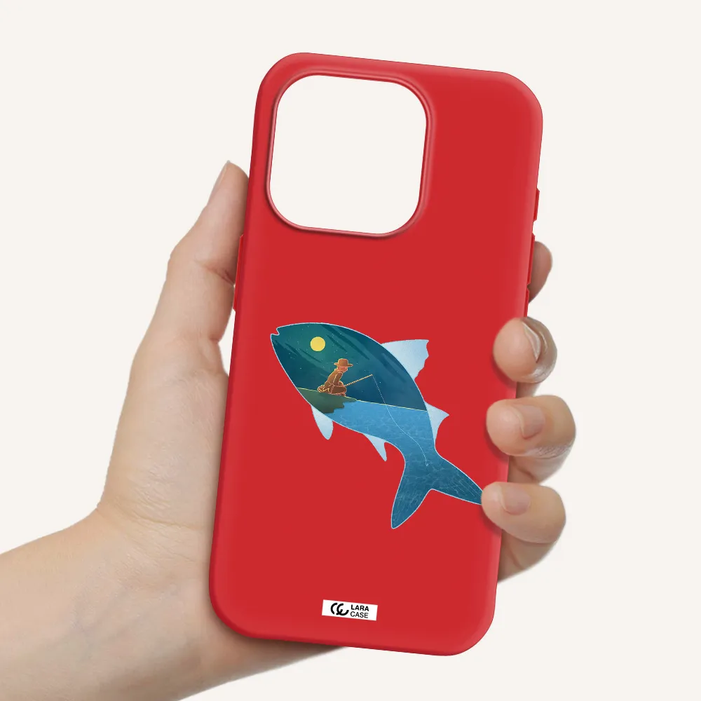 A Fish With A Man Fishing Apple Iphone 15 Pro Silicone Imperial Red Case