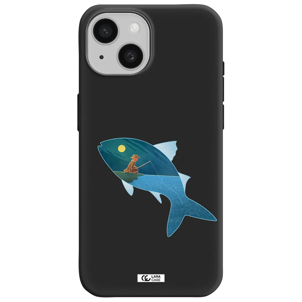 a fish with a man fishing Apple iPhone 15 Silicone black Case