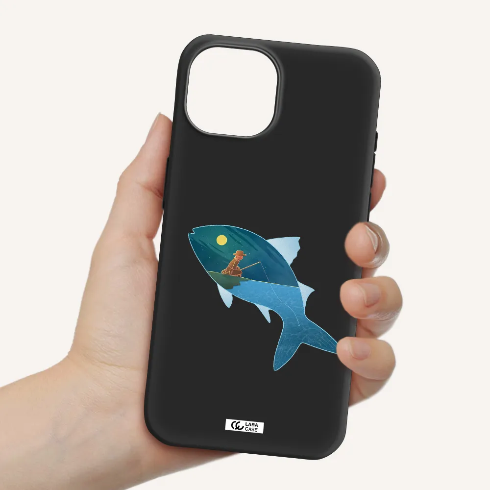 a fish with a man fishing Apple iPhone 15 Silicone black Case