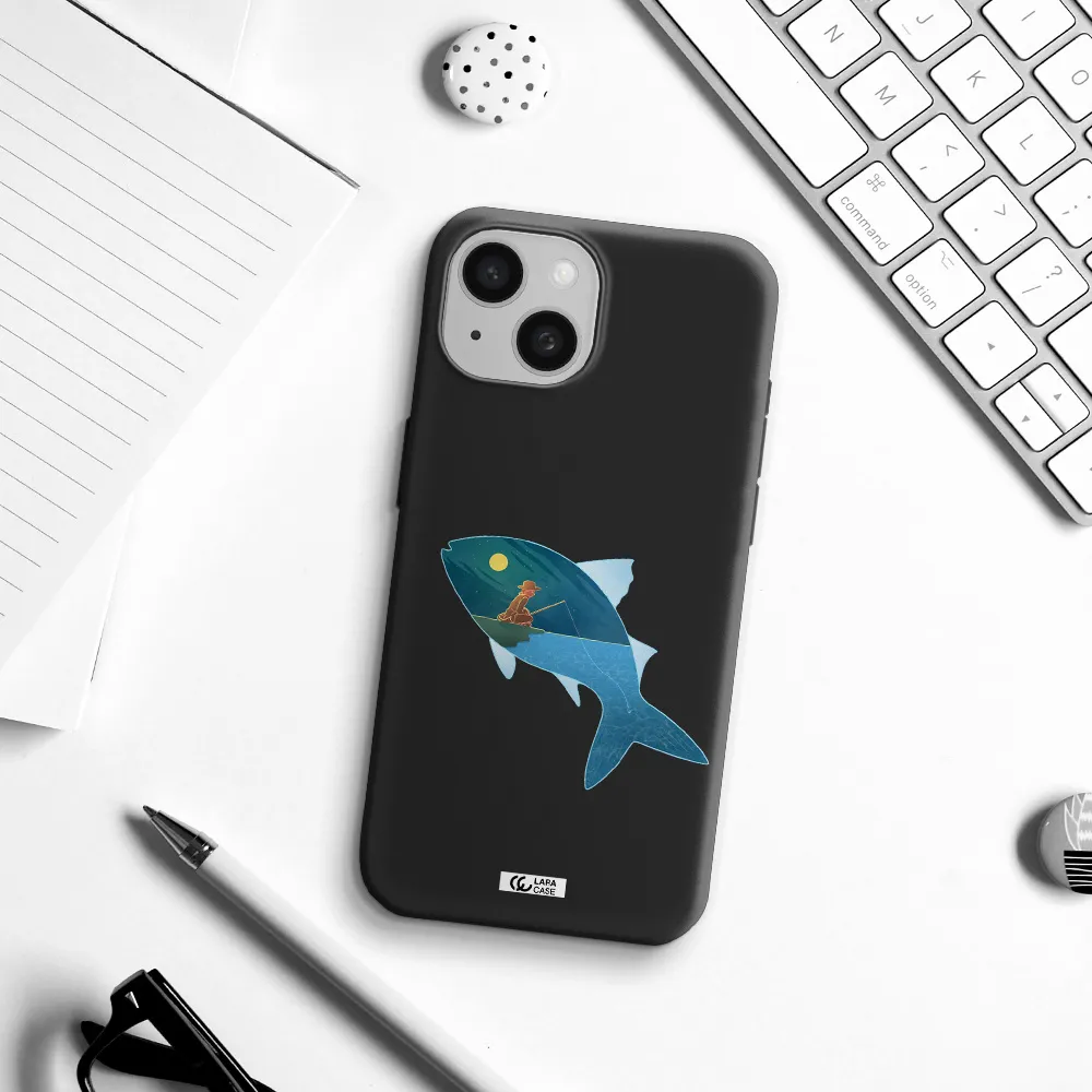 a fish with a man fishing Apple iPhone 15 Silicone black Case