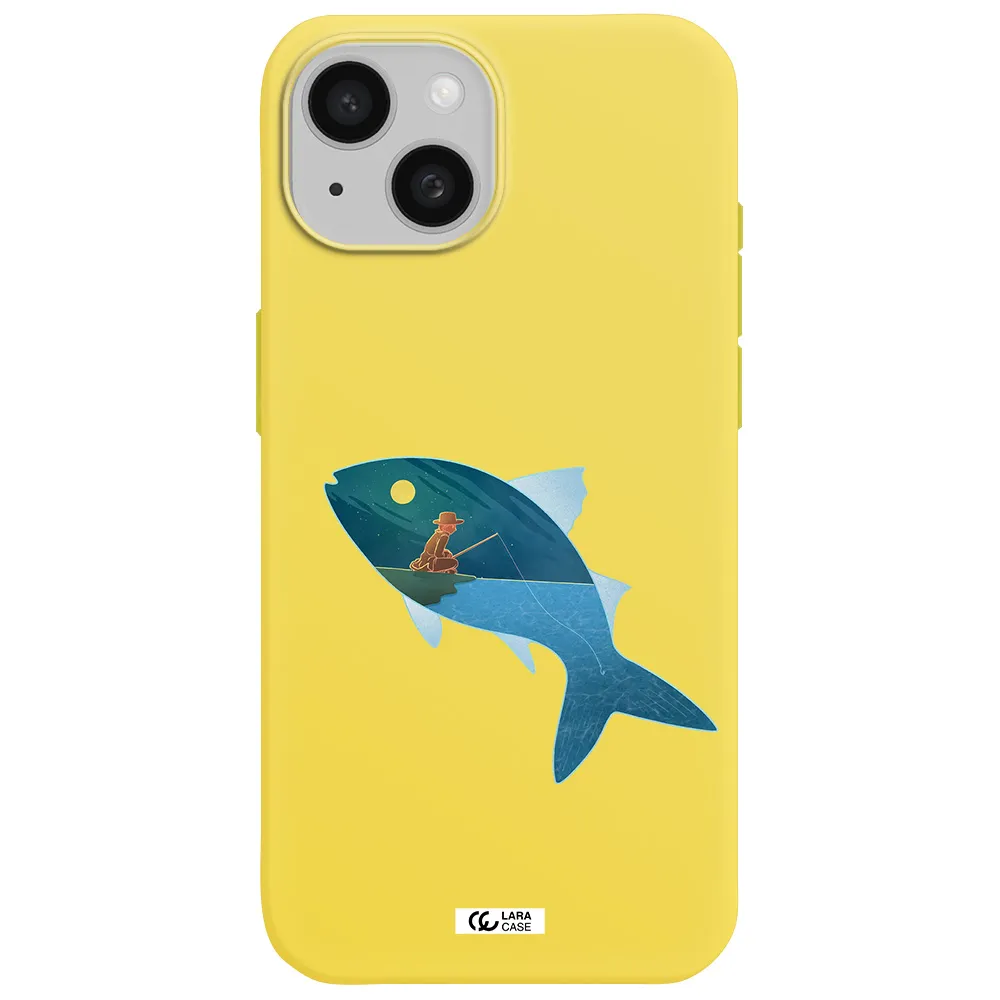 a fish with a man fishing Apple iPhone 15 Silicone canary yellow Case