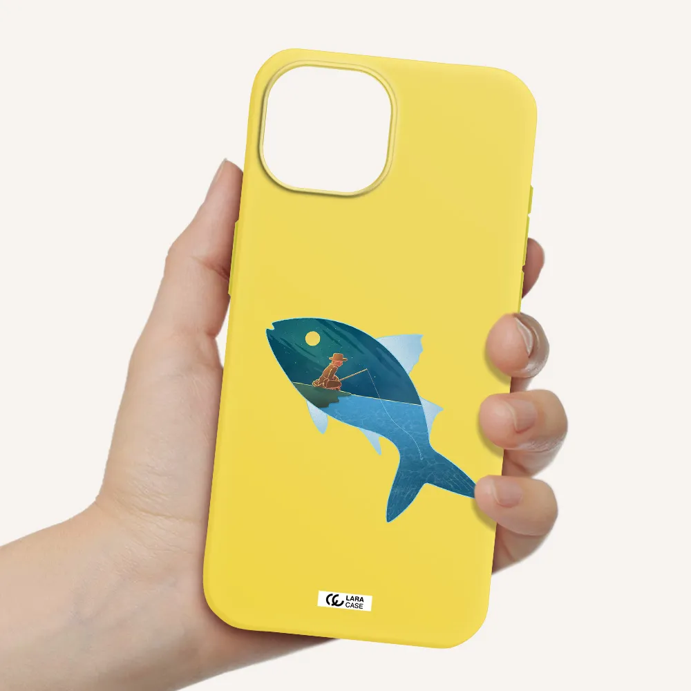 a fish with a man fishing Apple iPhone 15 Silicone canary yellow Case