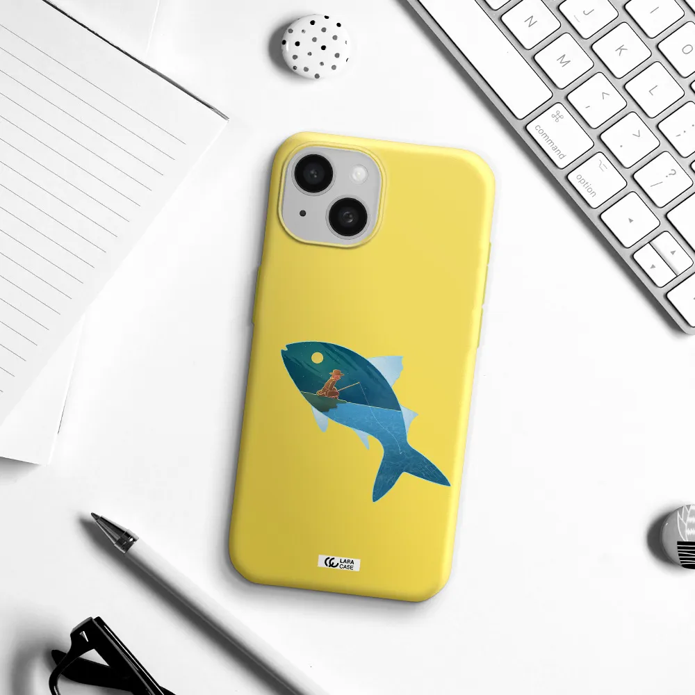 a fish with a man fishing Apple iPhone 15 Silicone canary yellow Case