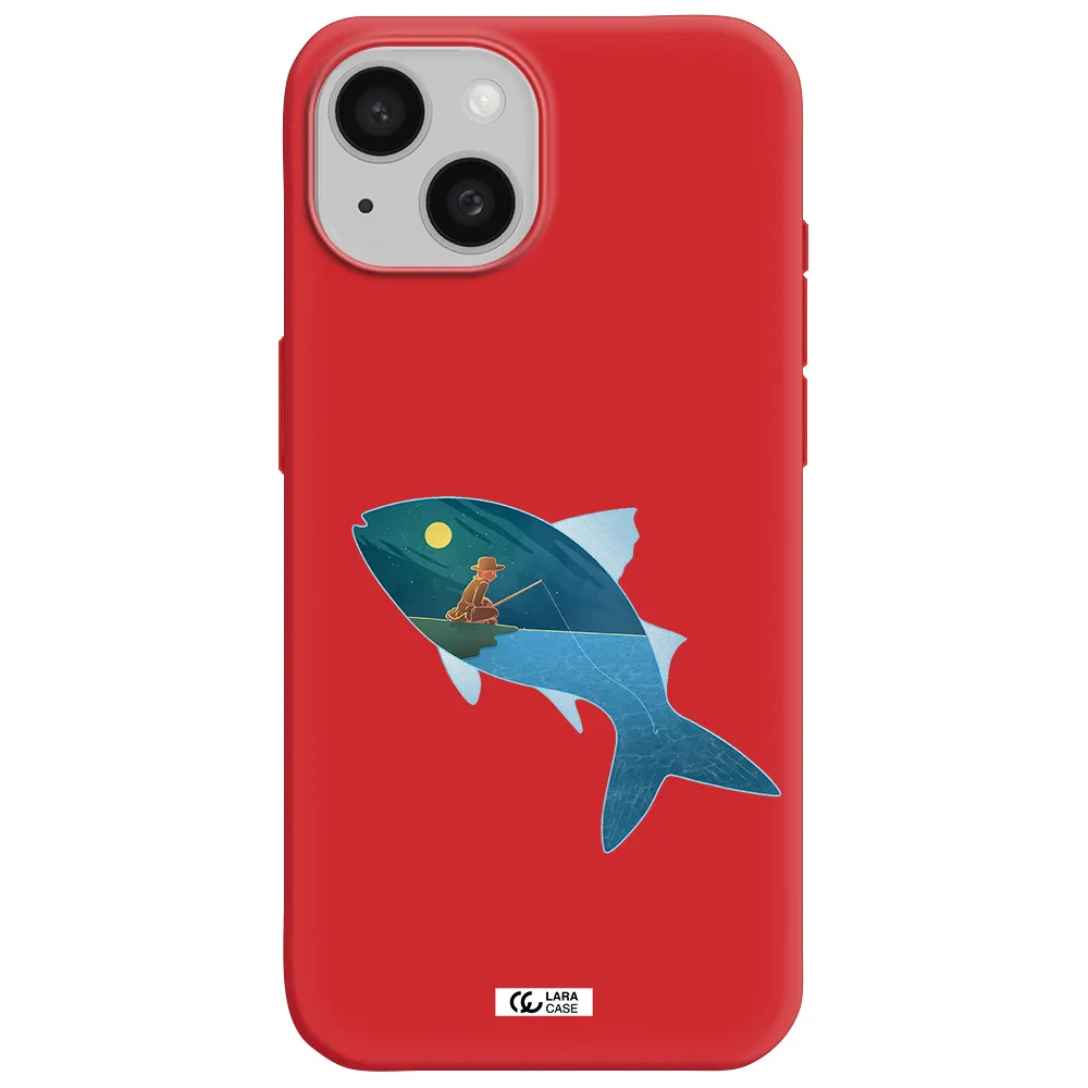 A Fish With A Man Fishing Apple Iphone 15 Silicone Imperial Red Case