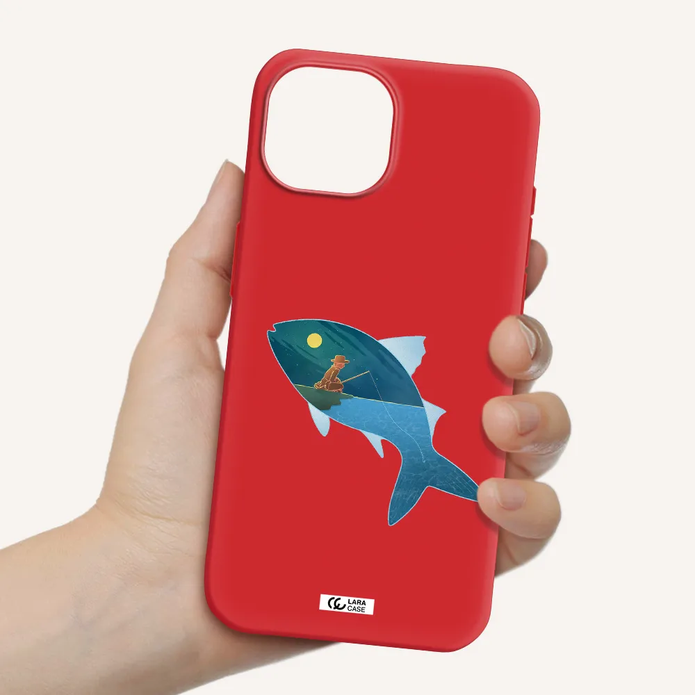A Fish With A Man Fishing Apple Iphone 15 Silicone Imperial Red Case