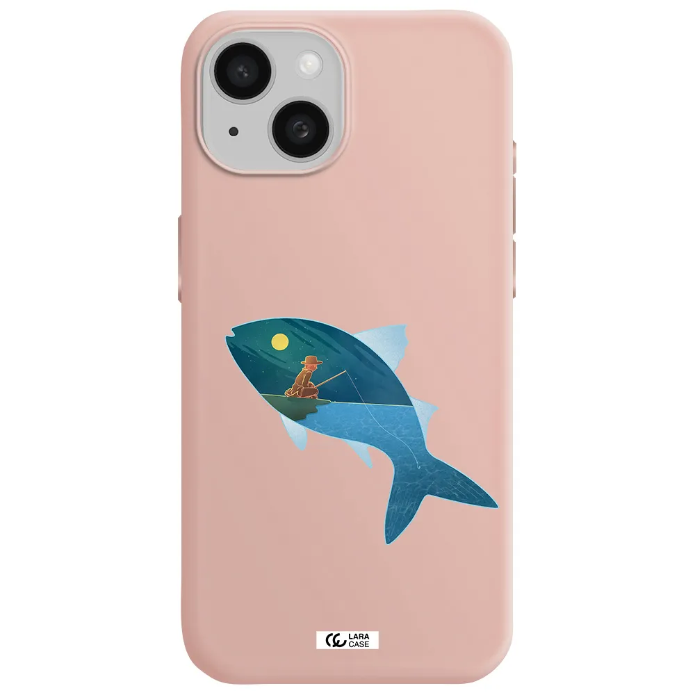 A Fish With A Man Fishing Apple Iphone 15 Silicone Pastel Pink Case