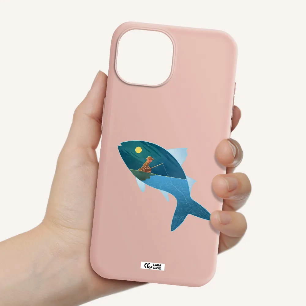 A Fish With A Man Fishing Apple Iphone 15 Silicone Pastel Pink Case