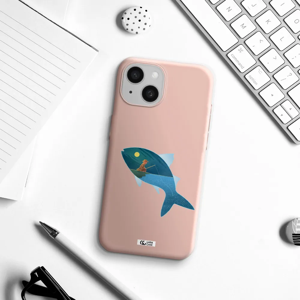 A Fish With A Man Fishing Apple Iphone 15 Silicone Pastel Pink Case