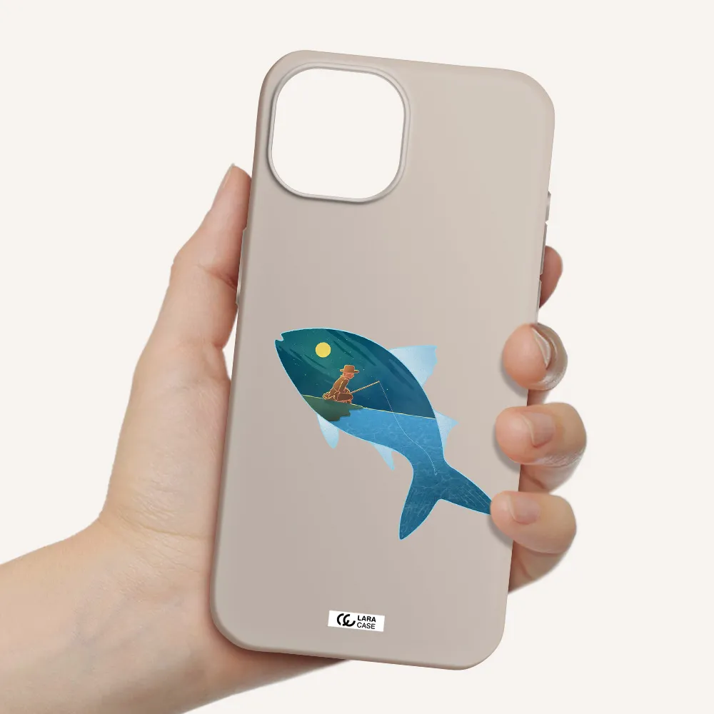 a fish with a man fishing Apple iPhone 15 Silicone Stone Case